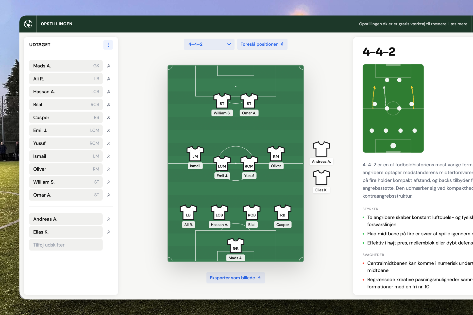 Screenshot af interface der viser import af spillere fra DBU KampKlar til Opstillingen