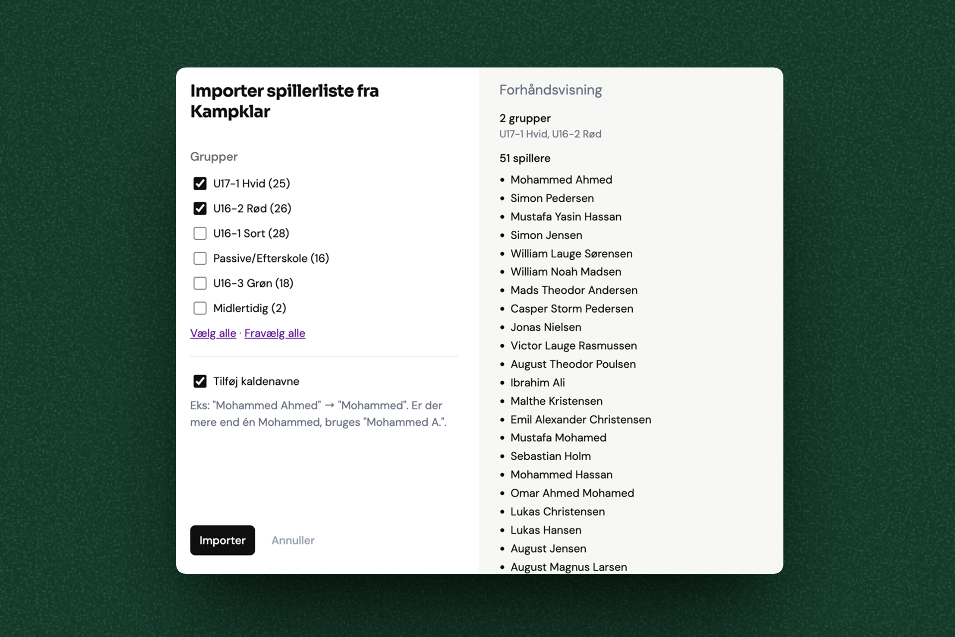 Screenshot af interface der viser import af spillere fra DBU KampKlar til Opstillingen